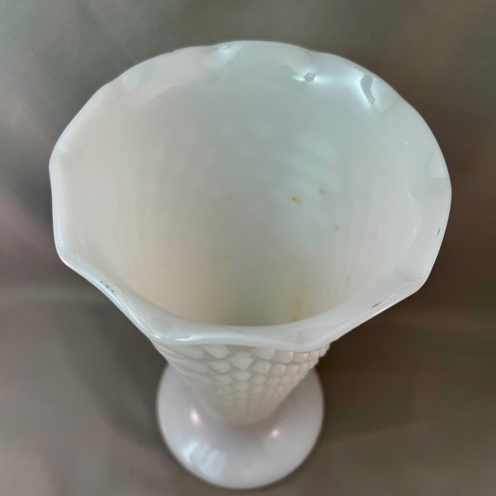 Vintage Milk Glass Hobnail Trumpet Vase White 9.5" Scalloped Rim Pedestal Base - Picture 5 of 12